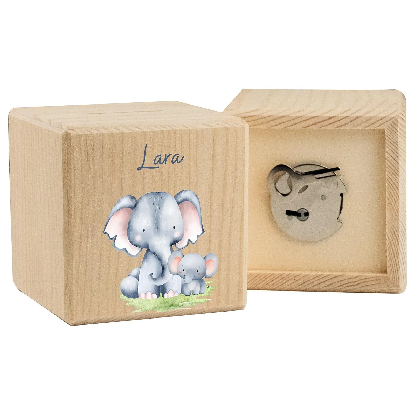 Копилка LARIFEE Персонализированная Деревянная куб со слоником на замке, фото №1