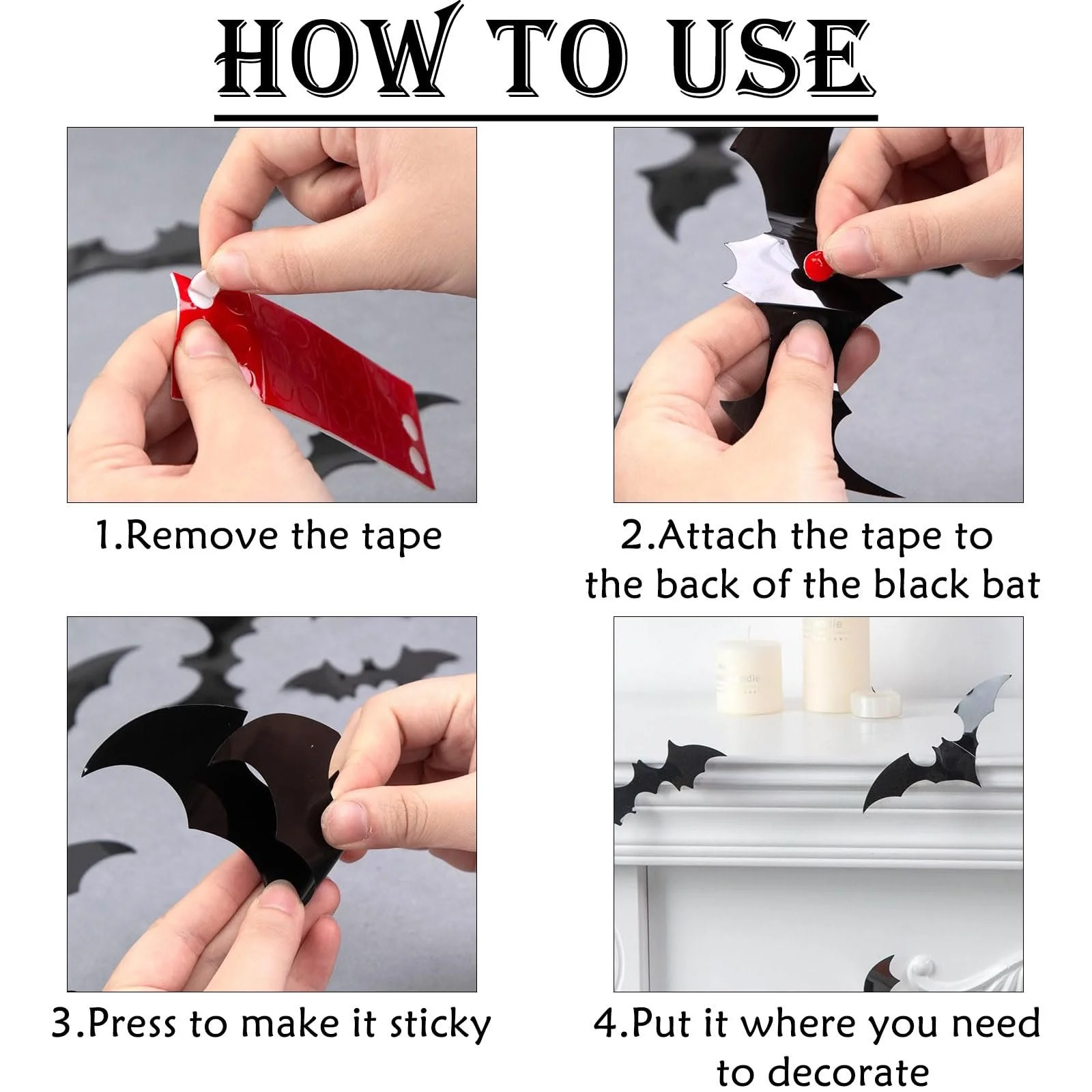 Наклейки на стіну Декор на Хелловін Набір 120 шт. 3D Кажани 4 розміри, фото №3