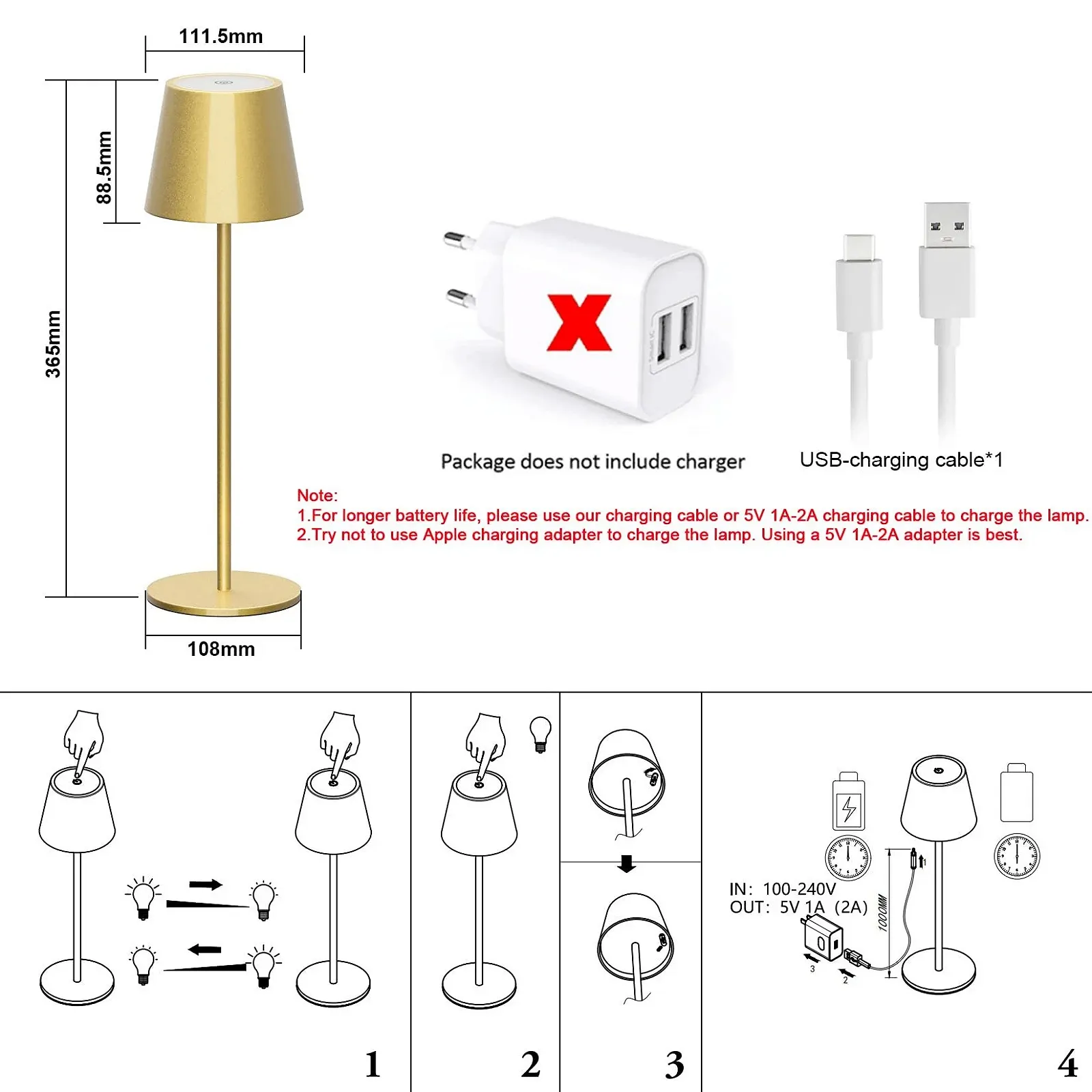 Настільна лампа Klighten LED акумуляторна алюмінієва IP54 сенсорна безступінчасте димування USB-C Золотистий, фото №4