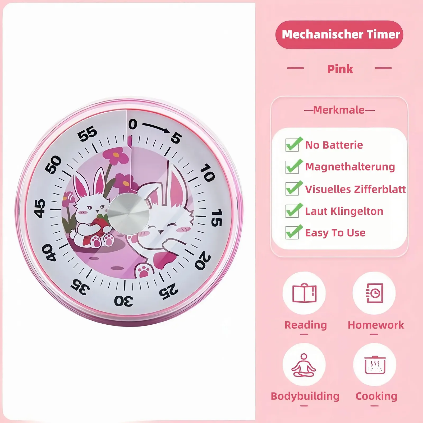 Таймер механический визуальный 60 минут магнитный Pink, фото №2 Таймер механический визуальный 60 минут магнитный Pink, фото №2