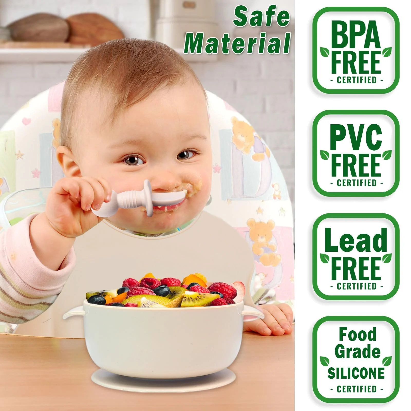 Набор детской посуды Dazhtu 10 предметов: силиконовая детская тарелка, нескользящая с присоской, миска, слюнявчик, ложка, вилка, поильник, фруктовый набор, бежевый, фото №6 Набор детской посуды Dazhtu 10 предметов: силиконовая детская тарелка, нескользящая с присоской, миска, слюнявчик, ложка, вилка, поильник, фруктовый набор, бежевый, фото №6