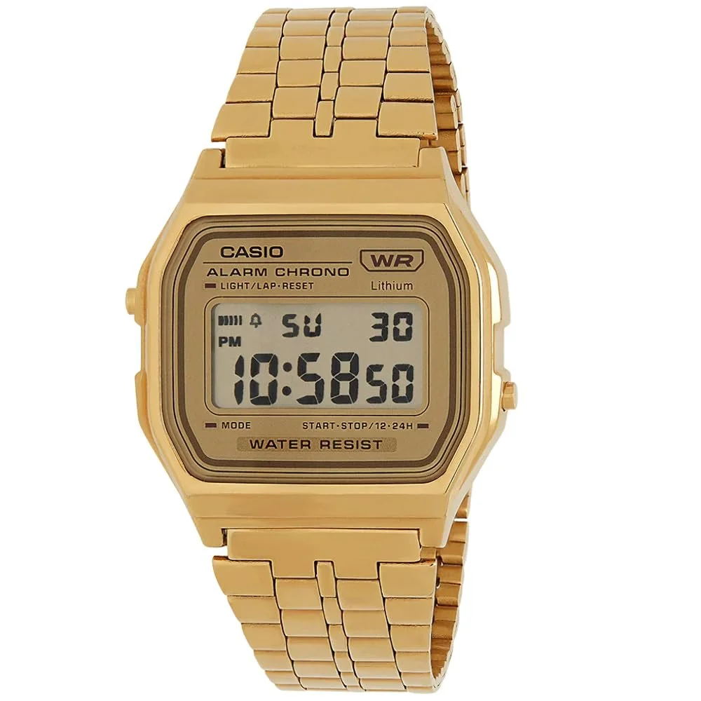Часы кварцевые Casio A158WETG-9AEF Унисекс, корпус 37.00 мм, золотой цифровой циферблат, золотой металлический ремешок, фото №1