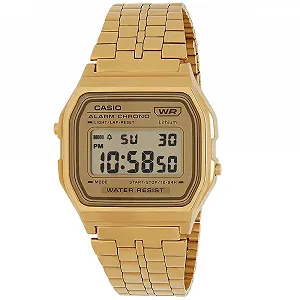 Часы кварцевые Casio A158WETG-9AEF Унисекс, корпус 37.00 мм, золотой цифровой циферблат, золотой металлический ремешок - Фото 1