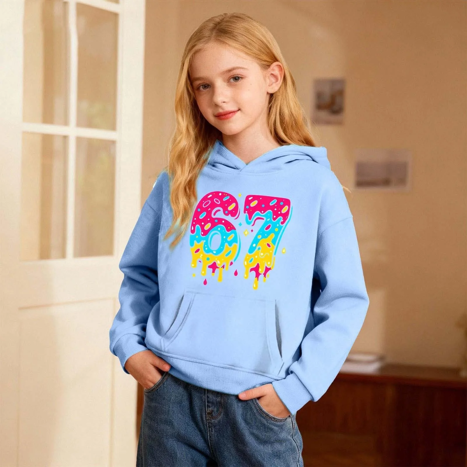 Свитшот для девочки с принтом, с длинными рукавами, круглым вырезом, мягкий флисовый худи для повседневной носки, фото №3