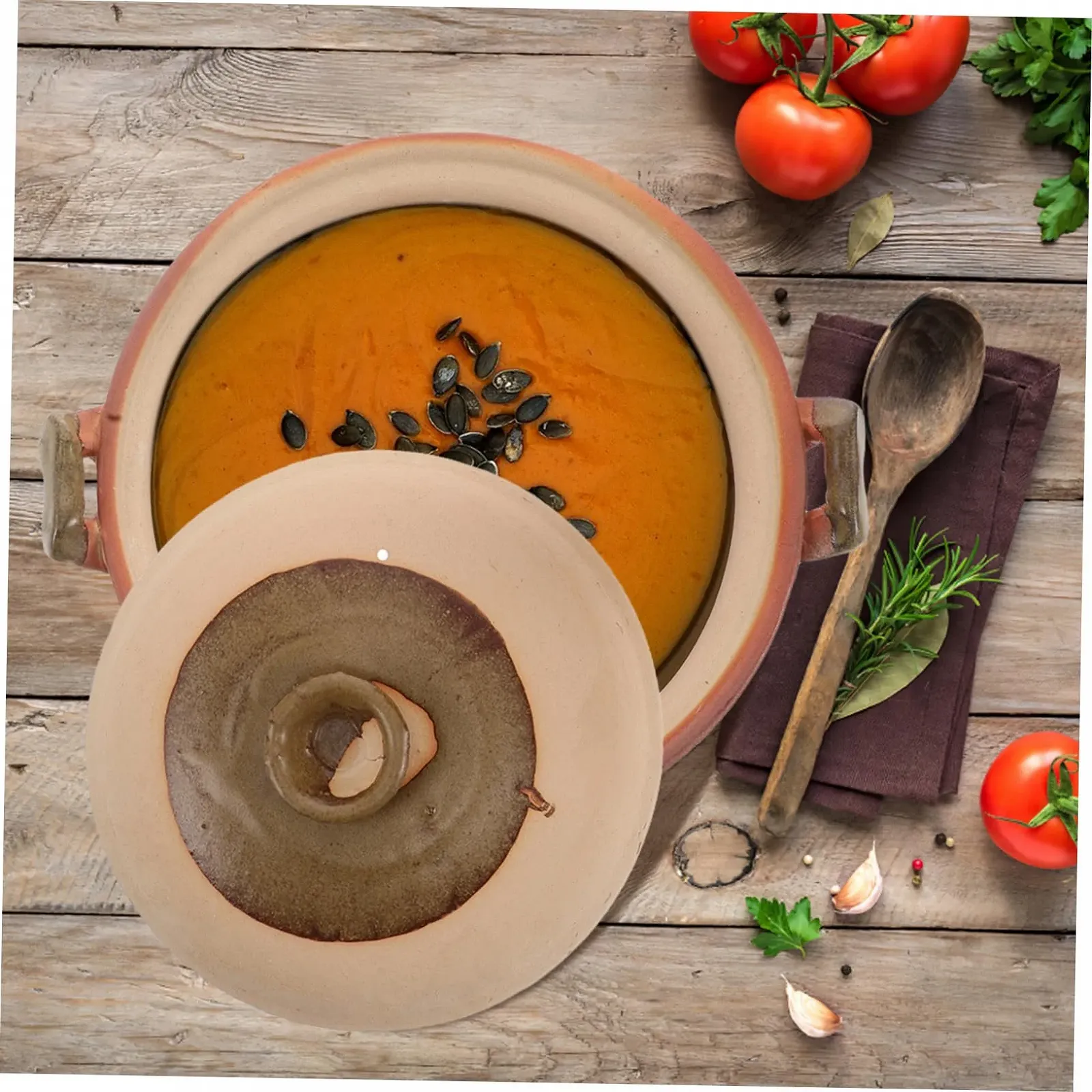 Горшок глиняный из терракоты с крышкой и ручкой традиционный для тушения, фото №6