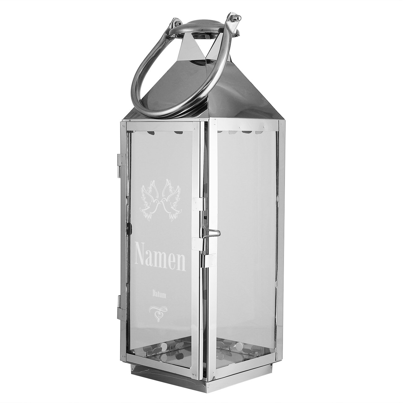 Ліхтар Herz & Heim XXL з гравіюванням для весілля – Голуби – з іменем і датою, фото №1 Ліхтар Herz & Heim XXL з гравіюванням для весілля – Голуби – з іменем і датою, фото №1