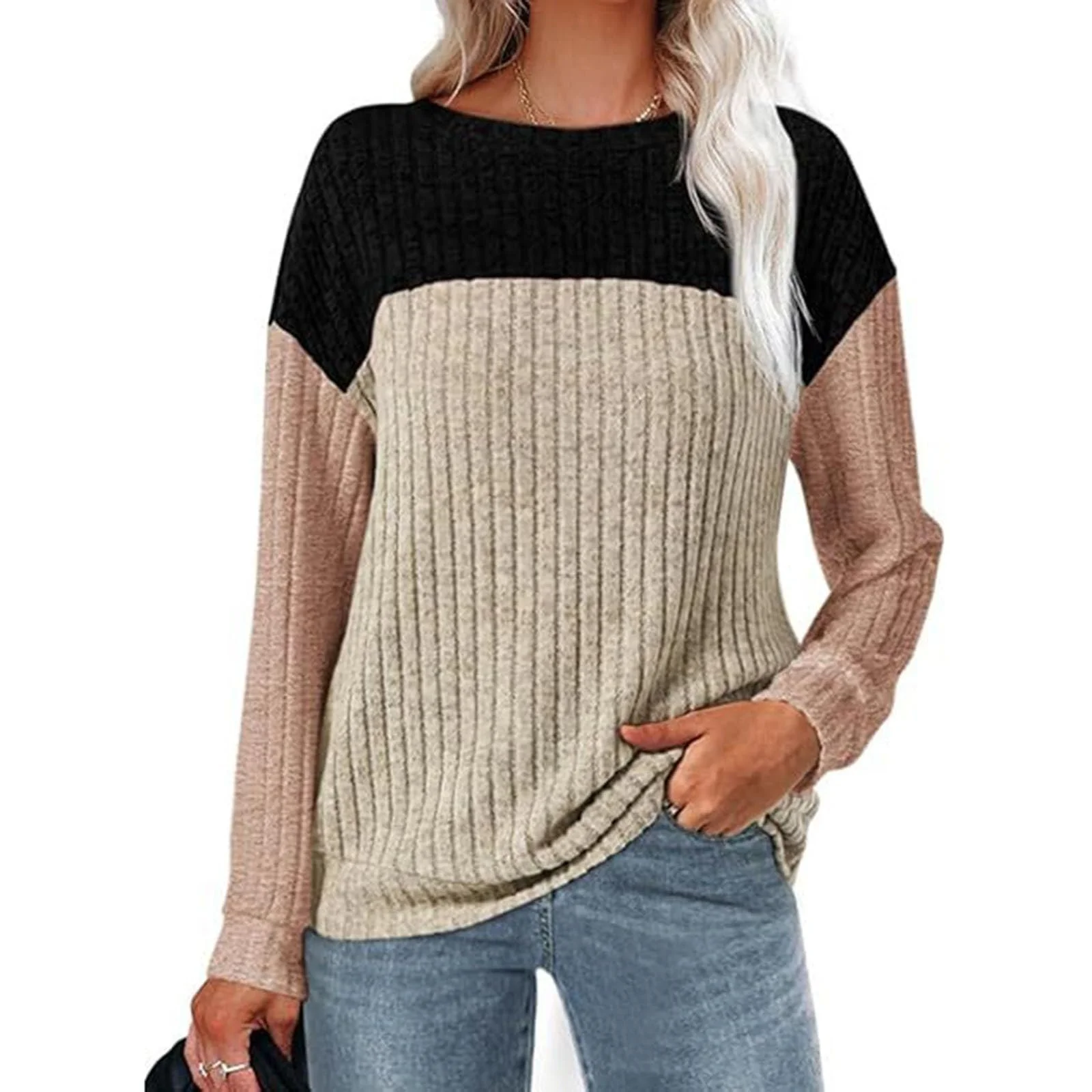 Жіноча кофта Довгий рукав Туніка в рубчик Круглий виріз, фото №1