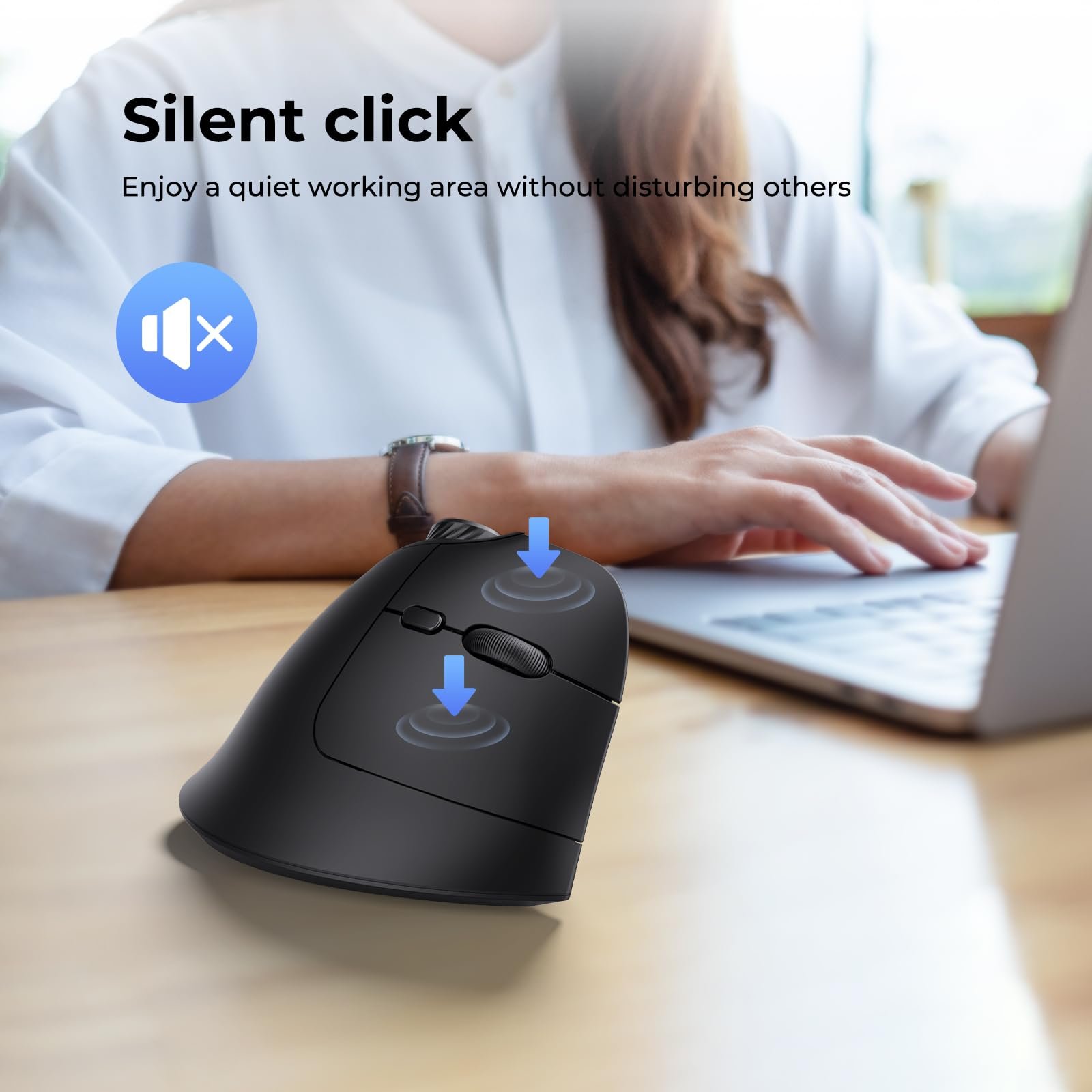 Миша seenda Бездротова Ергономічна з регулюванням гучності Multi-Device (2 Bluetooth або 2.4GHz USB) Перезаряджувана Тиха Вертикальна Чорна, фото №7
