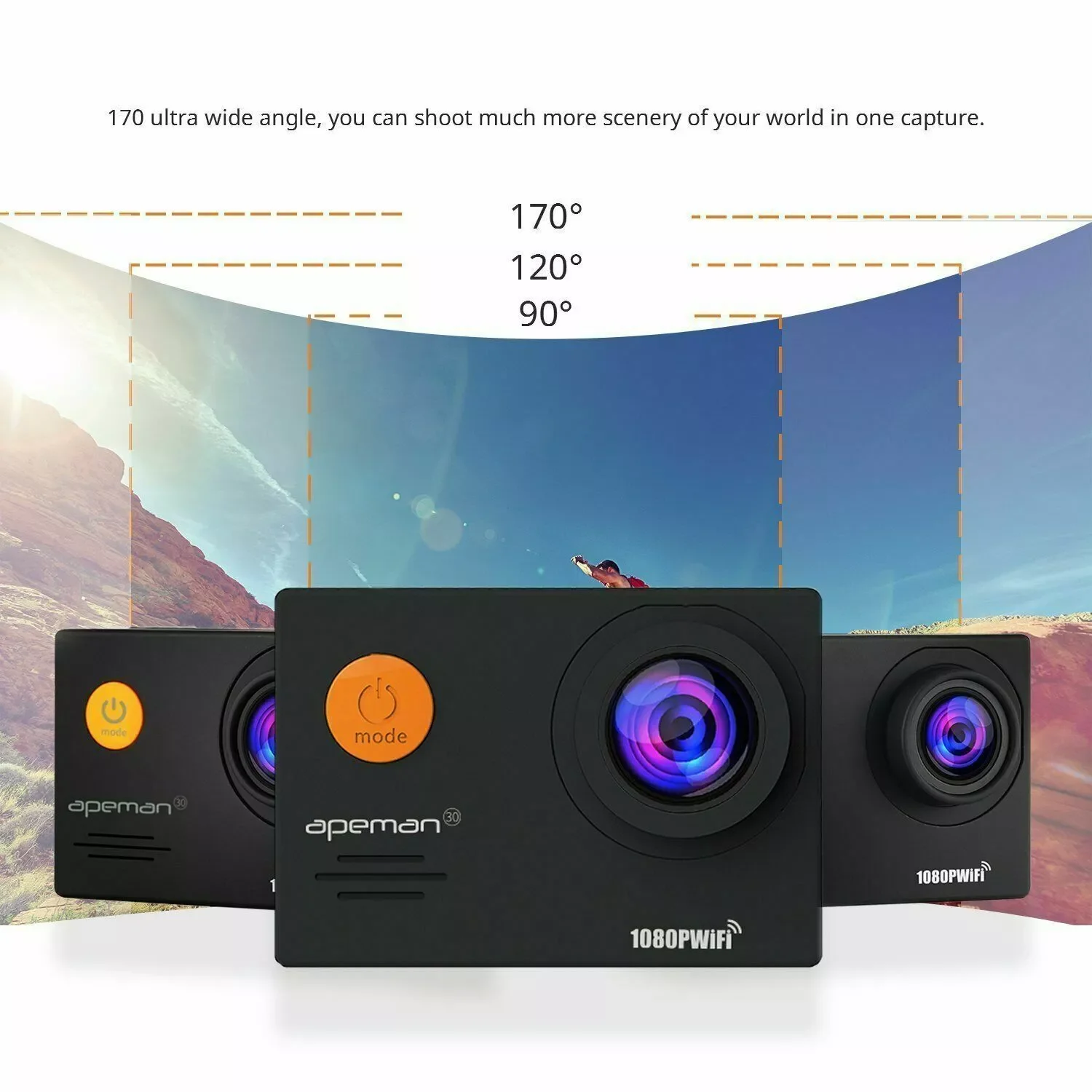 Екшн-камера APEMAN A70  / 170° / 14Мп / Full HD  / 60fps / Wi-Fi / Вологозахищена / Чорна, фото №4 Екшн-камера APEMAN A70  / 170° / 14Мп / Full HD  / 60fps / Wi-Fi / Вологозахищена / Чорна, фото №4