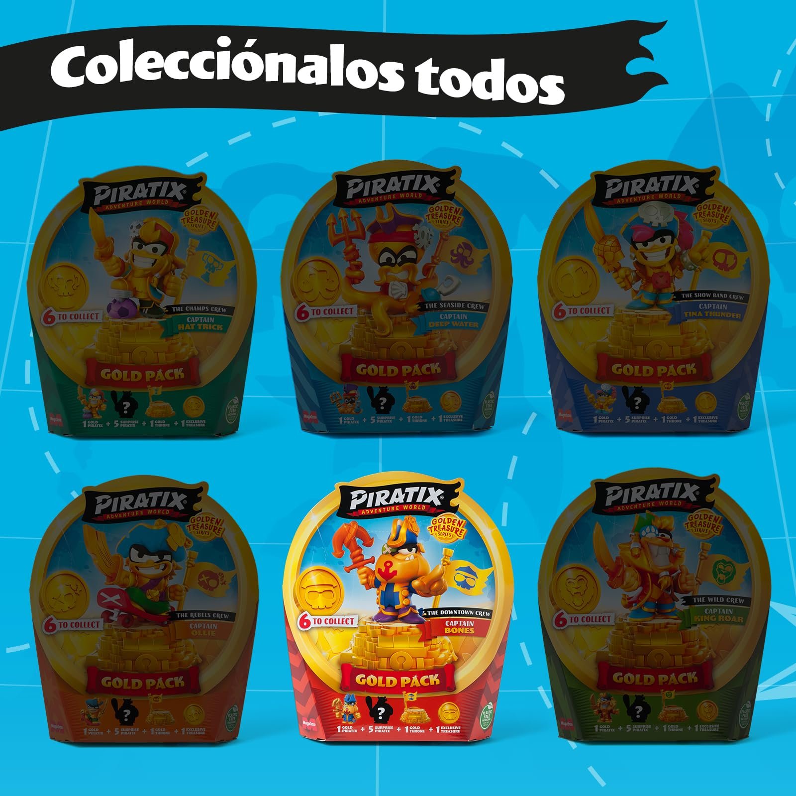Игровая Фигурка PIRATIX ADVENTURE WORLD Golden Treasure Series Gold Pack The Rebels Crew, 5 Piratix Сюрприз, 1 Эксклюзивное Сокровище, 1 Эксклюзивный Флаг, 1 Подиум, 6 Аксессуаров, Капитан Golden Ollie, фото №7