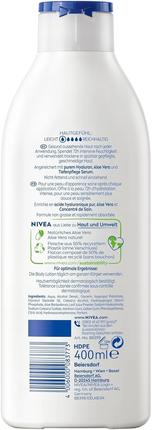 Лосьон для тела NIVEA Aloe & Care с сывороткой Deep Care для увлажнения в течение 72 часов с гиалуроновой кислотой и алоэ вера натурального происхождения 400 мл, фото №10