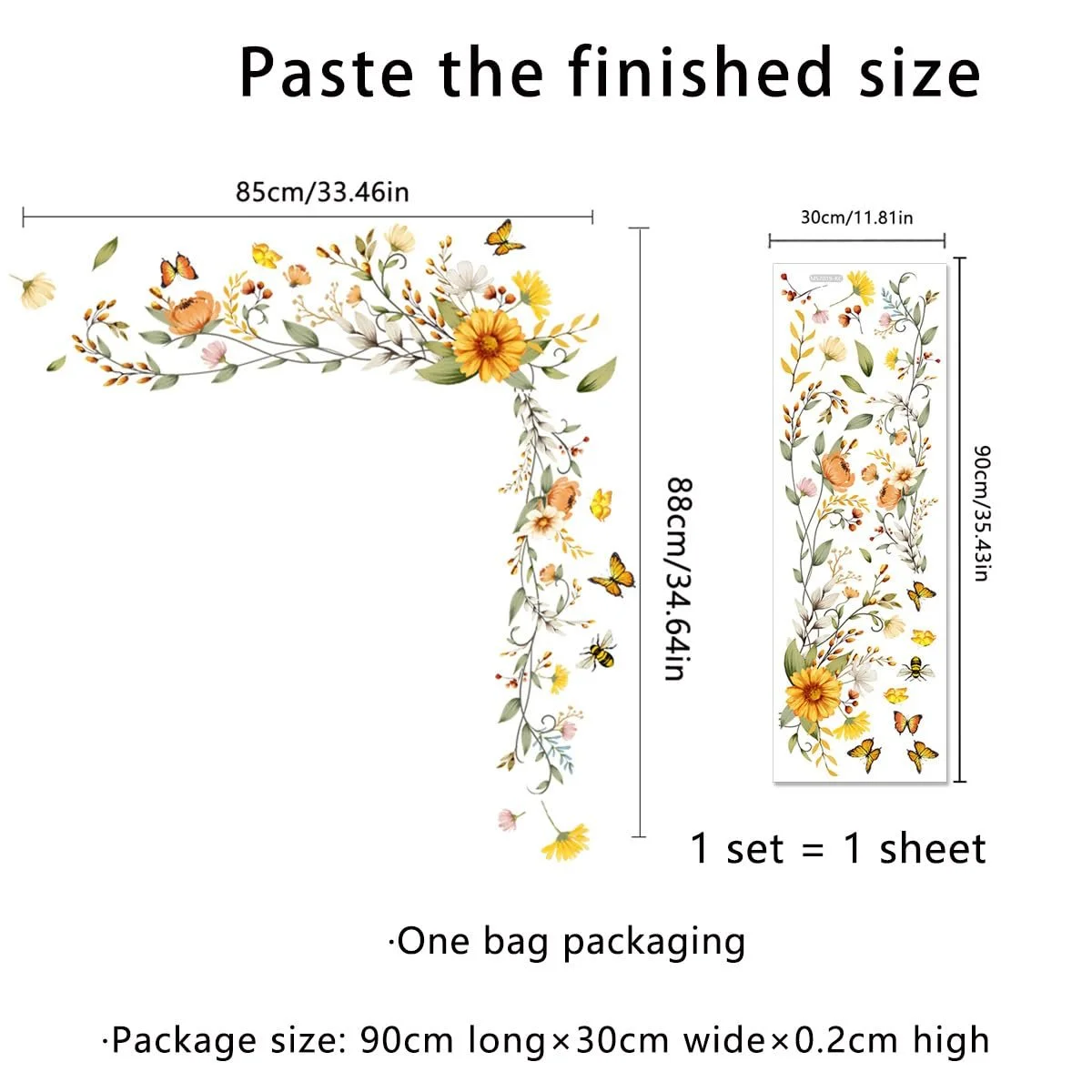 Наклейка на стену COVPAW Цветочная лиана Ромашки Бабочки 30 x 90 см, фото №4