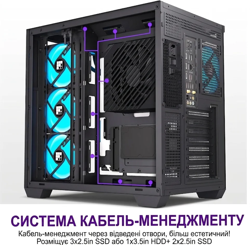 Корпус FOIFKIN F600 / без БЖ / Mid-Tower / ATX / 270° Panoramic Glass / 7x120mm ARGB PWM Fans / USB Type-C / Чорний, фото №3