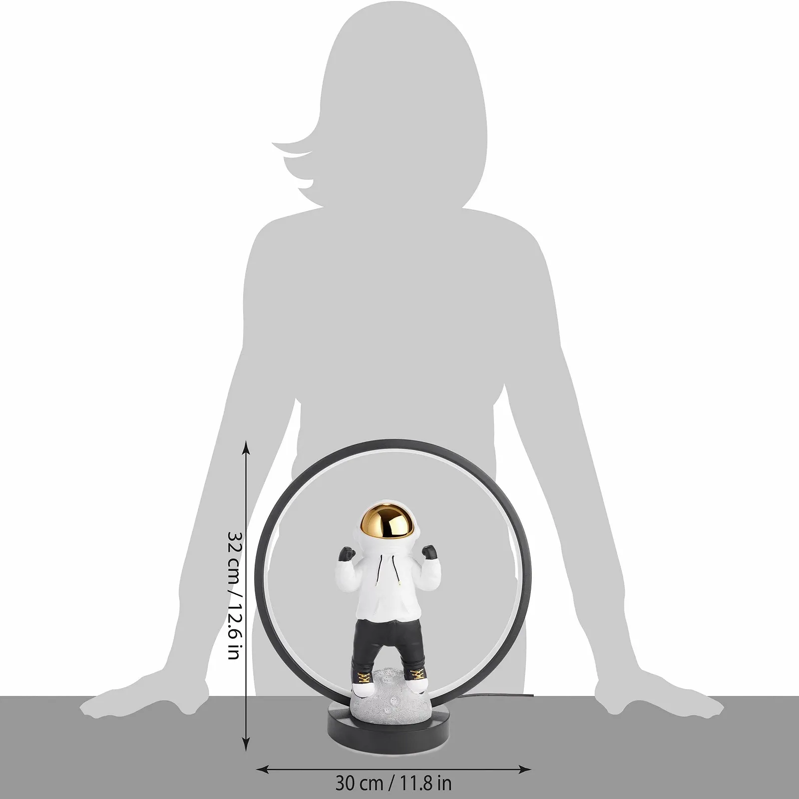 Настільна лампа BRUBAKER Астронавт з худі та золотистим хромованим шоломом LED Ring USB-C 33 см, фото №7