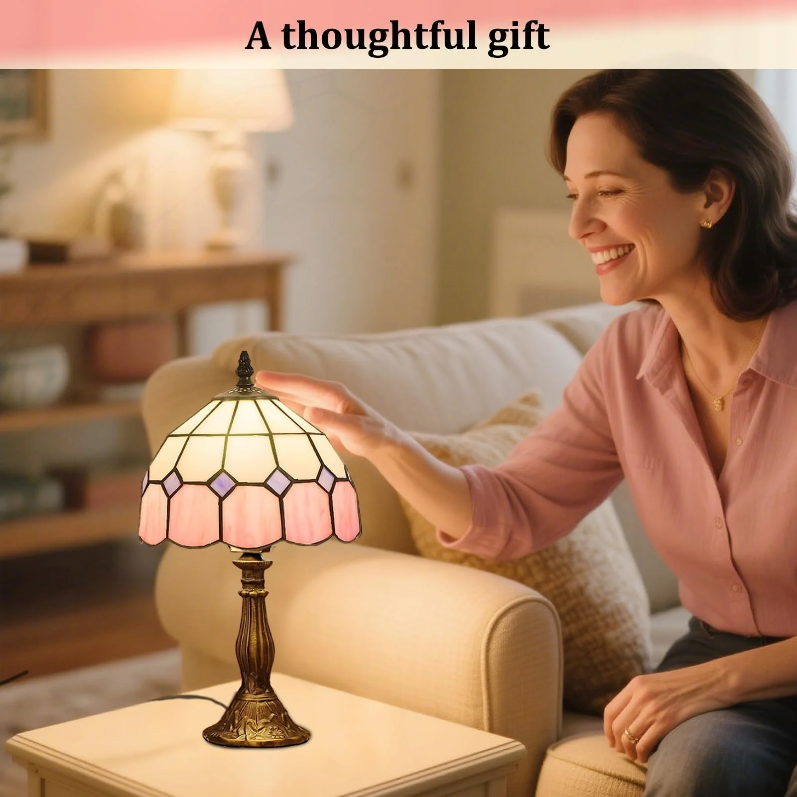 Настільна лампа Kinbolas Tiffany Style Handmade Stained Glass Art Deco E14 Pink 2, фото №3