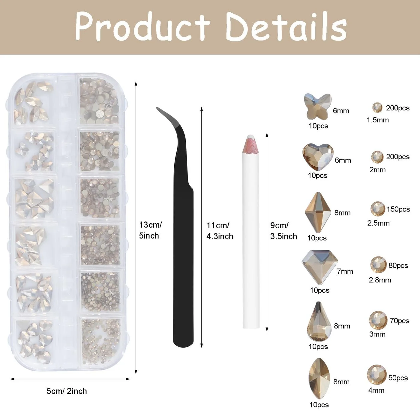Стразы для ногтей Шампань 12 размеров, Блестящие камни для ногтей, Стразы плоской формы, Дизайн ногтей со стразами, Включая восковый карандаш для страз и пинцеты для страз, 1500 штук в упаковке, фото №2