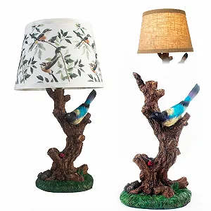 Настільна лампа приліжкова FIRVRE в стилі кантрі E27 з вимикачем квітковий та пташиний мотив і змінний лляний абажур - Фото 1