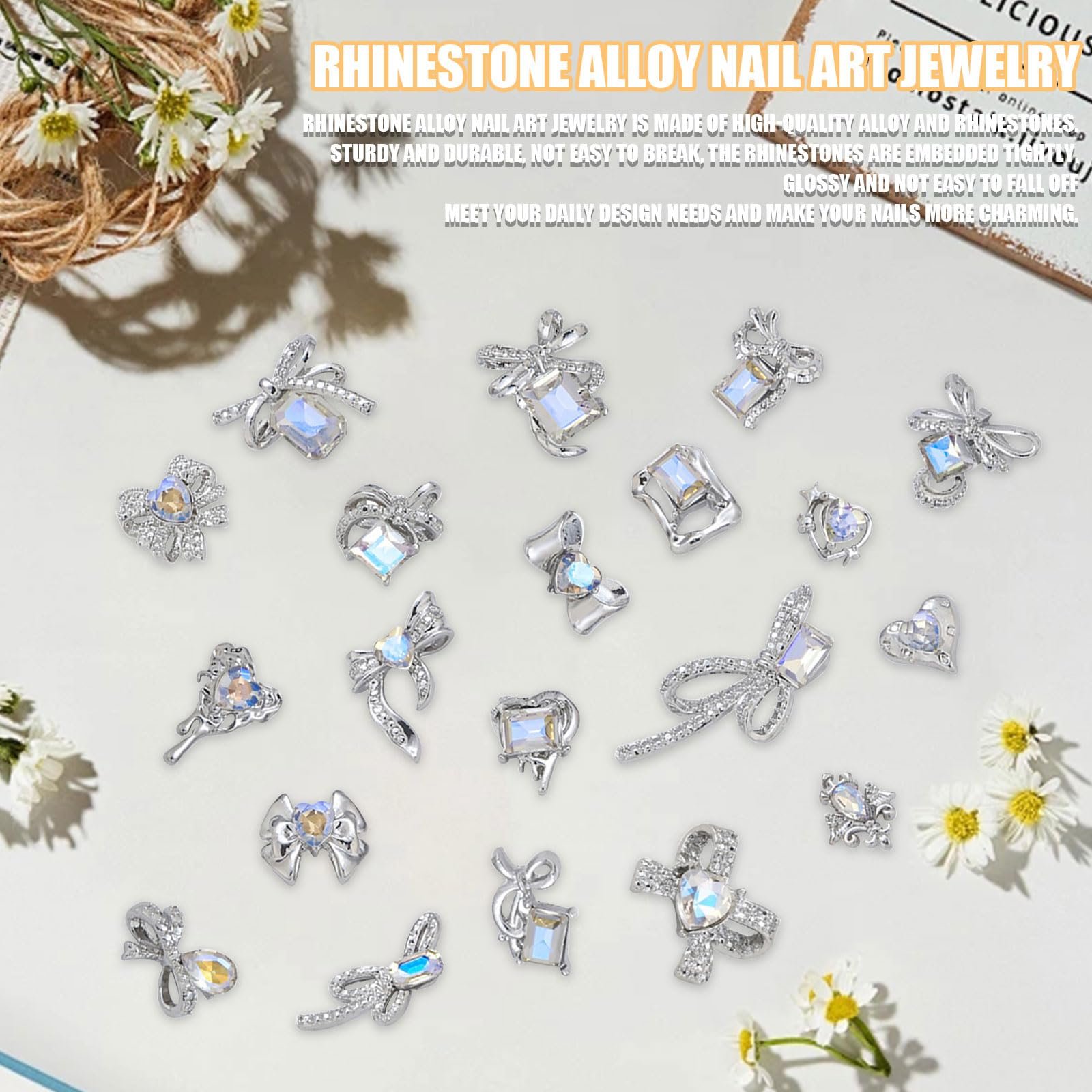 Стрази для нігтів Люкс, 40 шт, Металеві бантики, Сердечка, фото №3