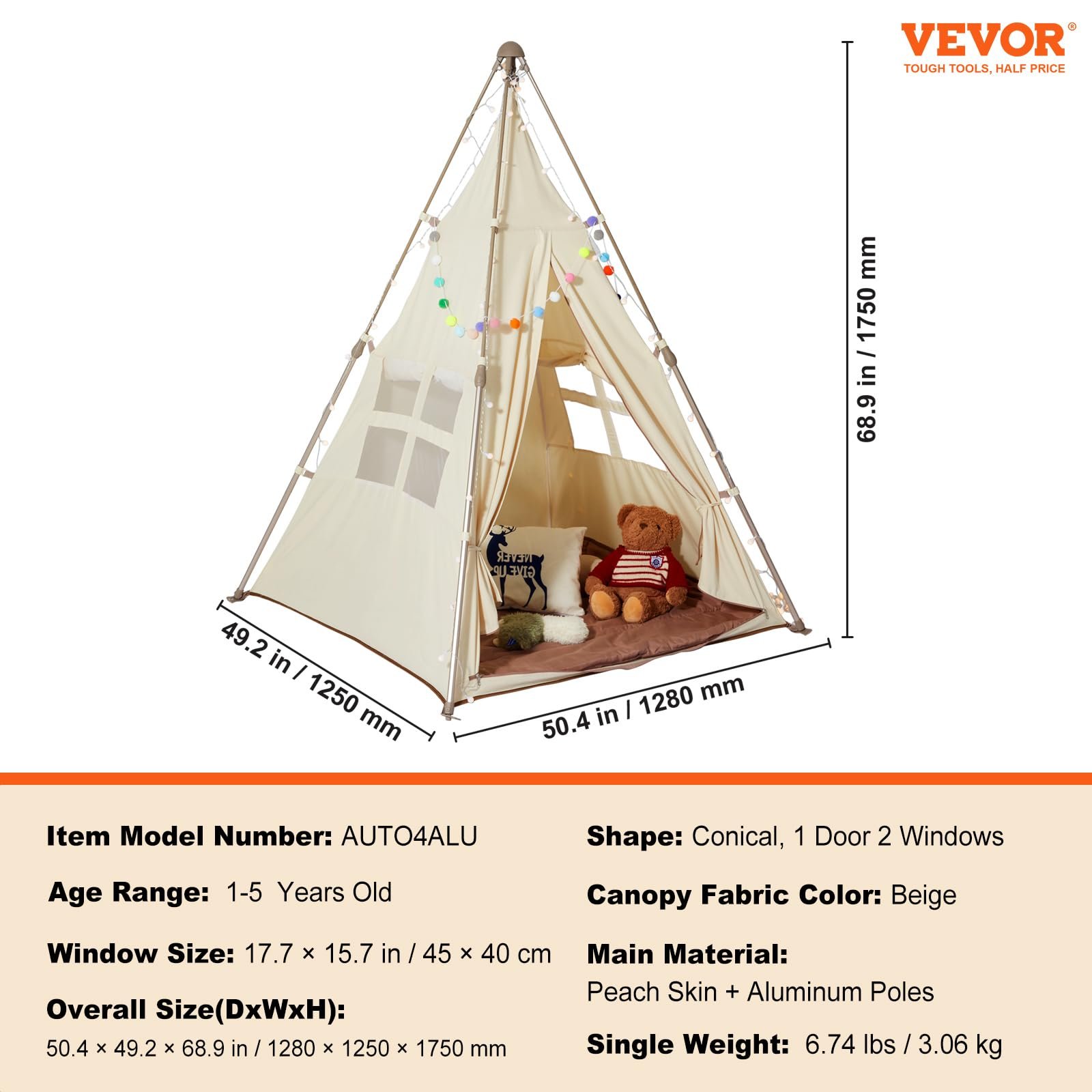 Палатка VEVOR детская игровая, типи, для детей 1-5 лет, складная, с ковриком и сумкой для переноски, с окнами, для использования в помещении и на открытом воздухе, фото №7
