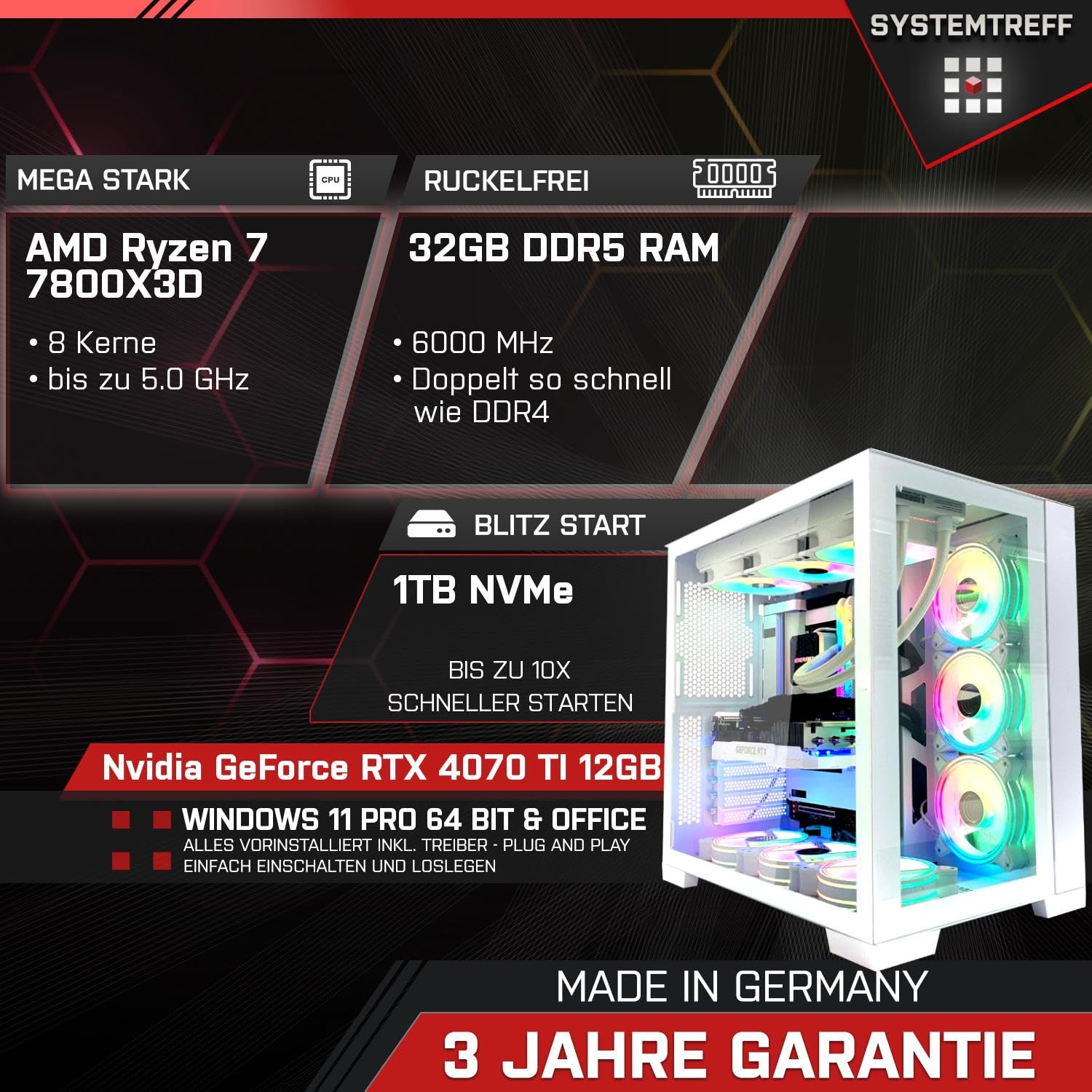Комп'ютер SYSTEMTREFF High-End Gaming PC AMD Ryzen 7 7800X3D 8x5GHz Nvidia GeForce RTX 4070 Ti 12GB DX12 1TB M.2 NVMe 32GB DDR5 RAM WLAN, фото №2