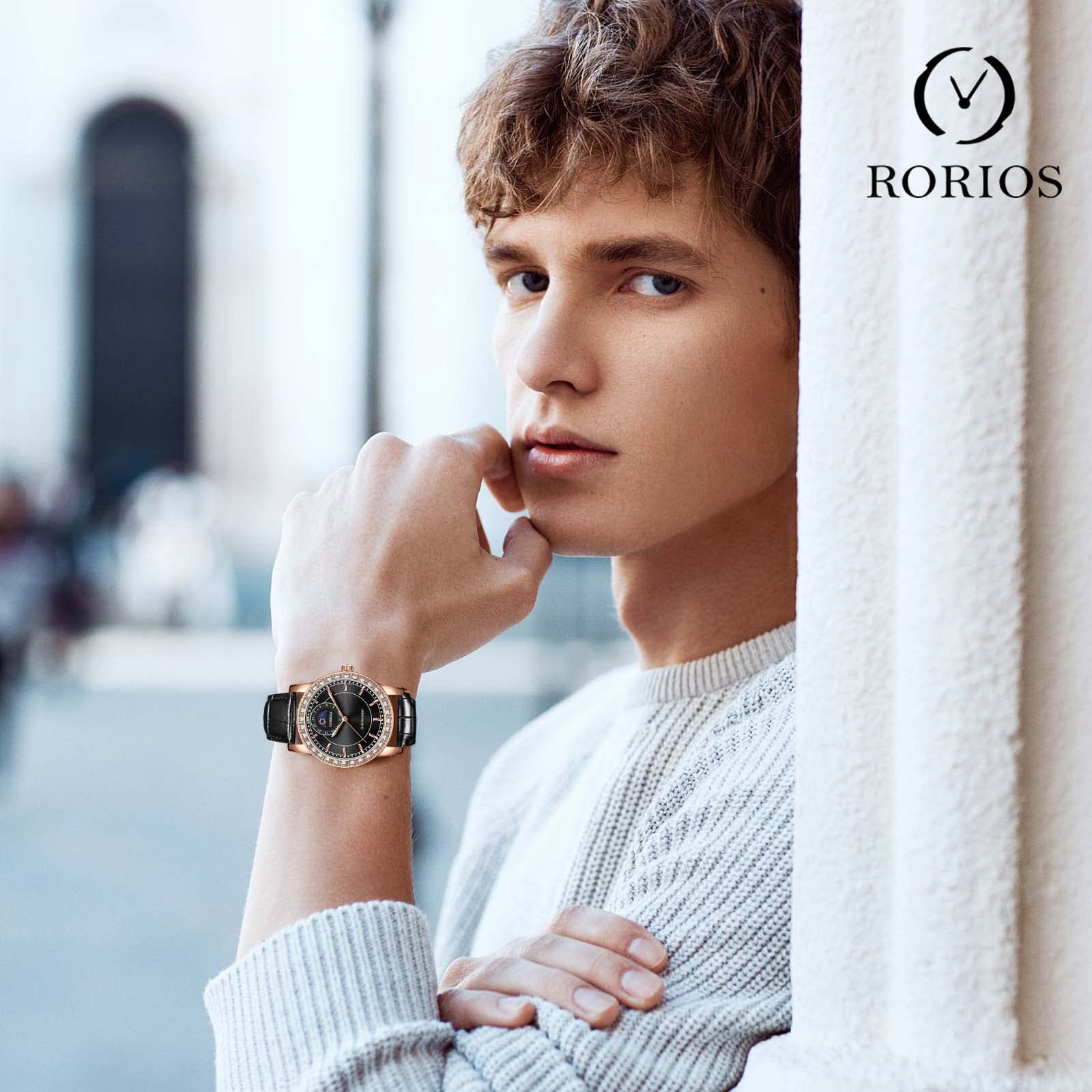 Часы rorios Мужские Аналоговые Кварцевые Бизнес Люминесцентные Водонепроницаемые Алмазный Циферблат Кожаный Ремешок Фазы Луны, фото №2