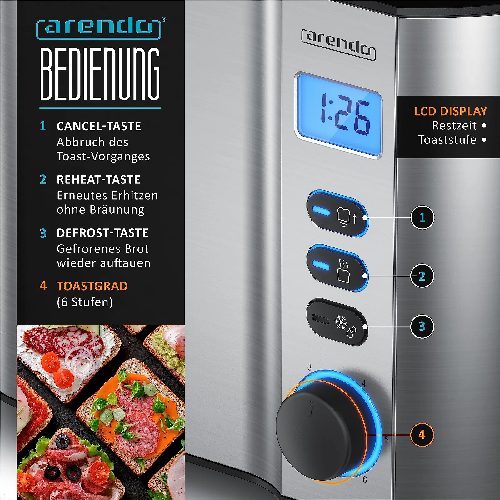 Тостер Arendo Manha Compact 2 скибочки Нержавіюча сталь з дисплеєм часу 800 Ватт, фото №4