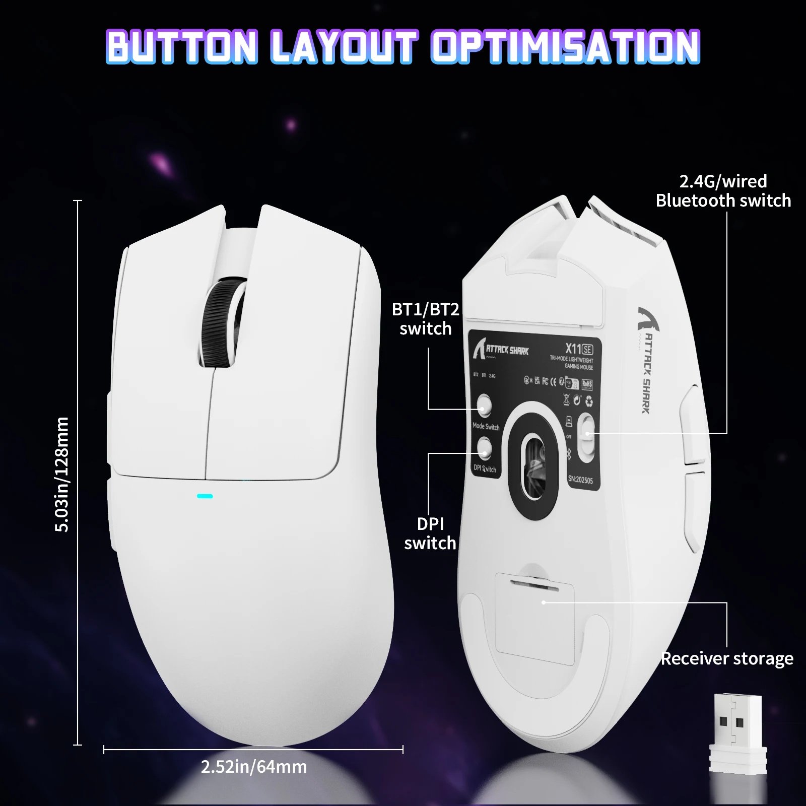 Мышь Attack Shark X11SE White 22000DPI PAM3311 Wireless Bluetooth, фото №10