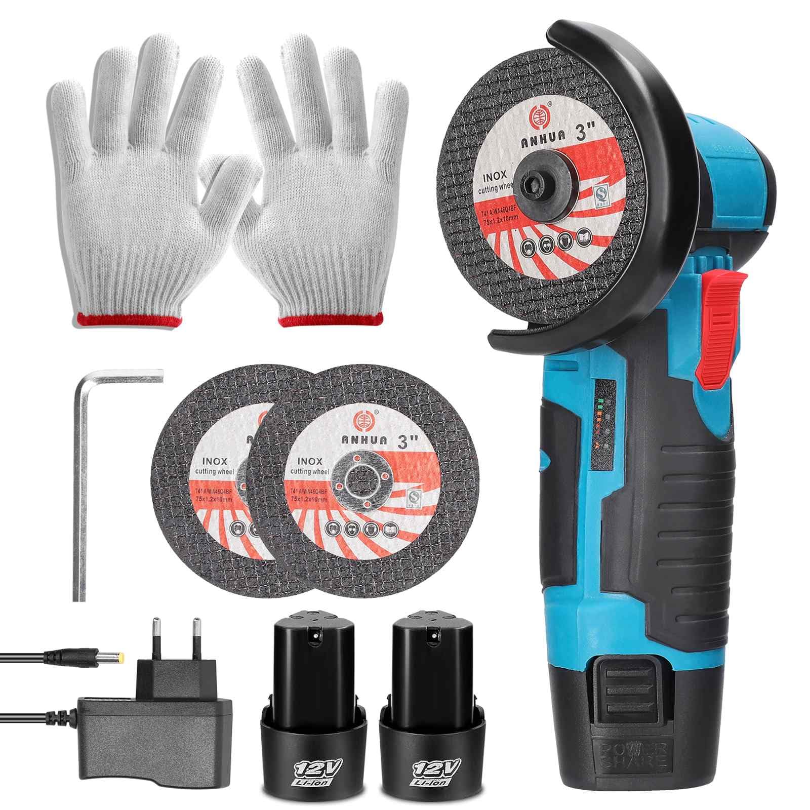 Угловая Шлифовальная машина Cordless 19500RPM 12V Professional Grinder Battery 2.0Ah Cutting Discs 76mm Angle Grinder (2 Battery), фото №1