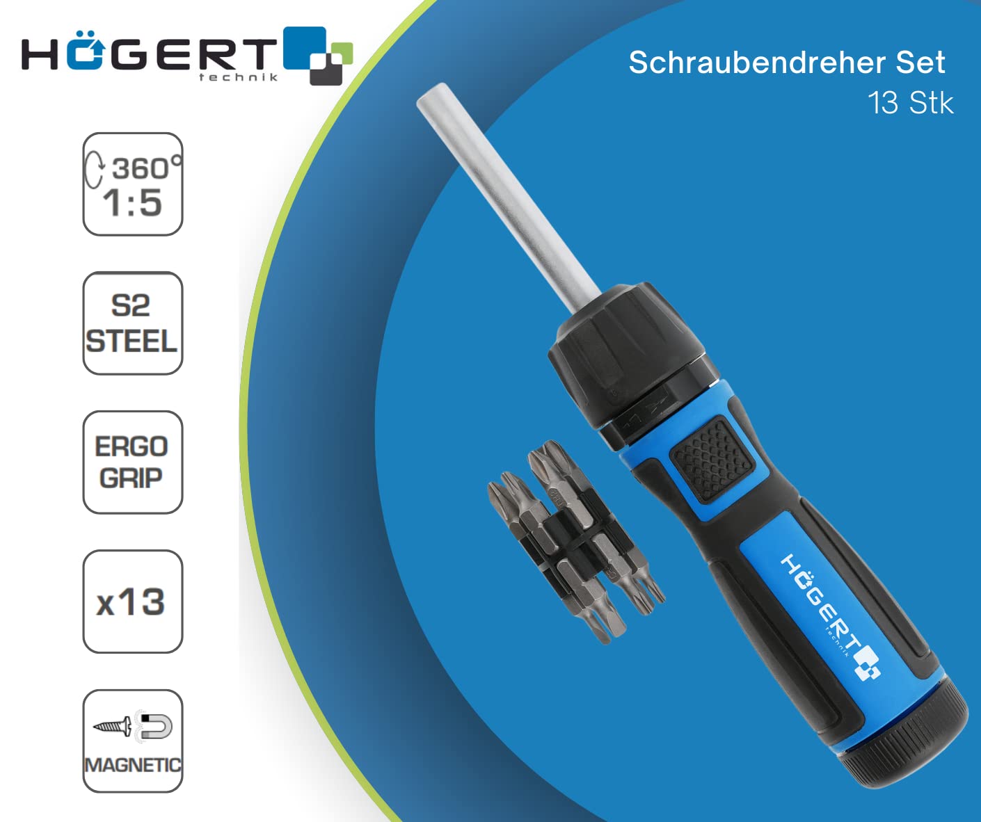 Набір викруток Högert HT1S215 з інноваційною конструкцією з зубчастим колесом дозволяє працювати з передавальним відношенням 1:5 або 1:1, фото №6