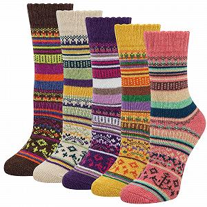 Носки из мериносовой шерсти Justay Женские Вязаные Зимние Термоноски, Дышащие, Мягкие, 5 пар, размеры 3.5–8, Желтый, Оранжевый, Серый, Зеленый, Коричневый - Фото 1