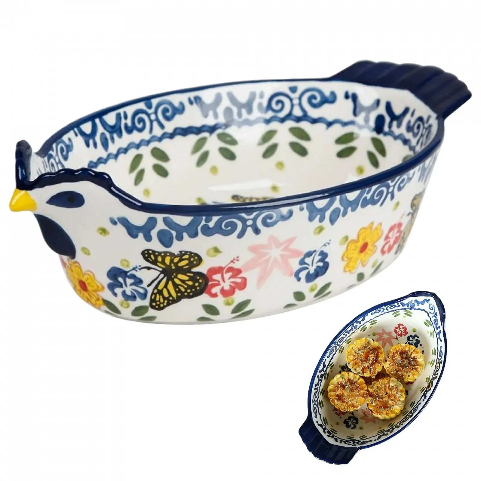 Форма для запікання Керамічна з ручками у формі курки з вінтажним візерунком Метелики та квіти, фото №3 Форма для запікання Керамічна з ручками у формі курки з вінтажним візерунком Метелики та квіти, фото №3