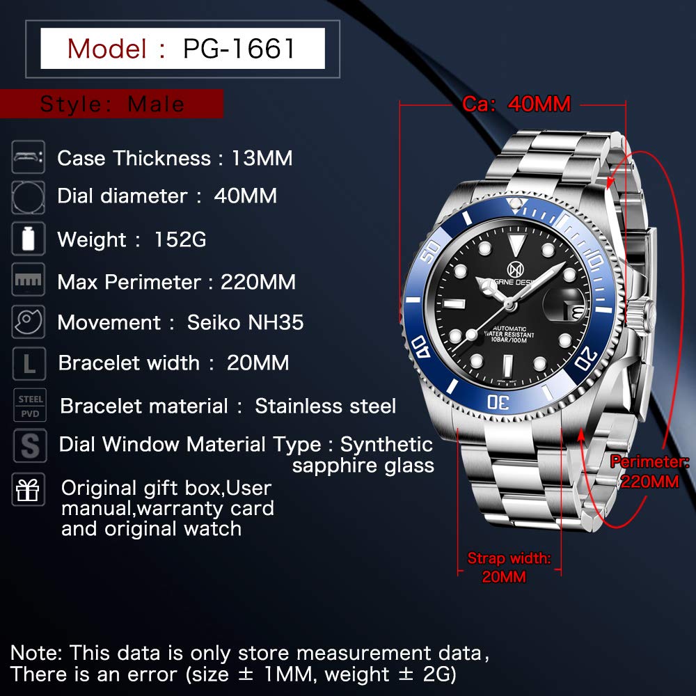Часы PAGRNE DESIGN Men's Automatic Submariner с браслетом из нержавеющей стали, механические, водонепроницаемые (100 м), механизм NH35A, фото №3