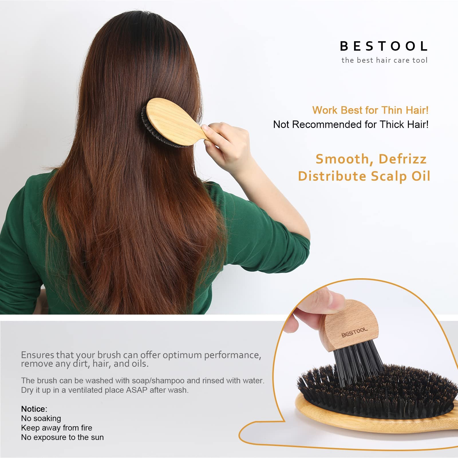 Щетка для волос BESTOOL, из щетины кабана, бамбуковая, для тонких волос, фото №4
