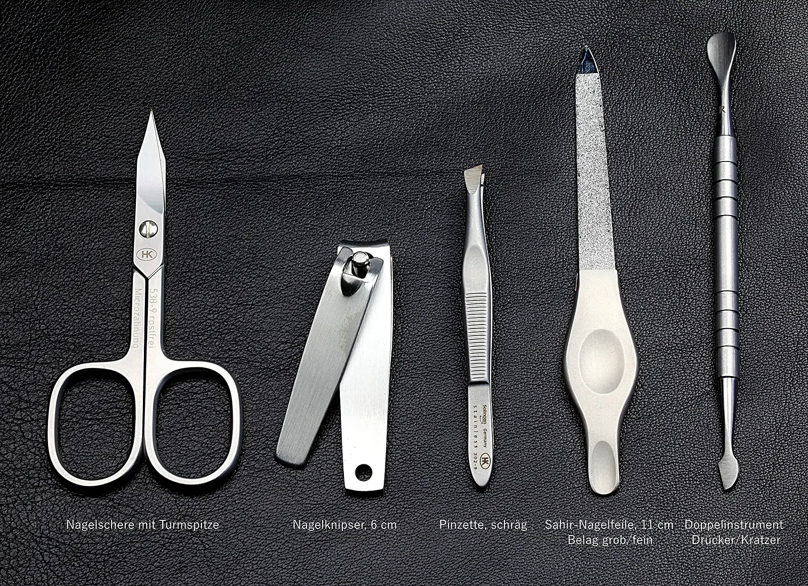 Набор для маникюра HK Manicure by Hans Kniebes 5 предметов Ножницы для ногтей, кусачки, пила, пинцет, двойной инструмент Черный, фото №2
