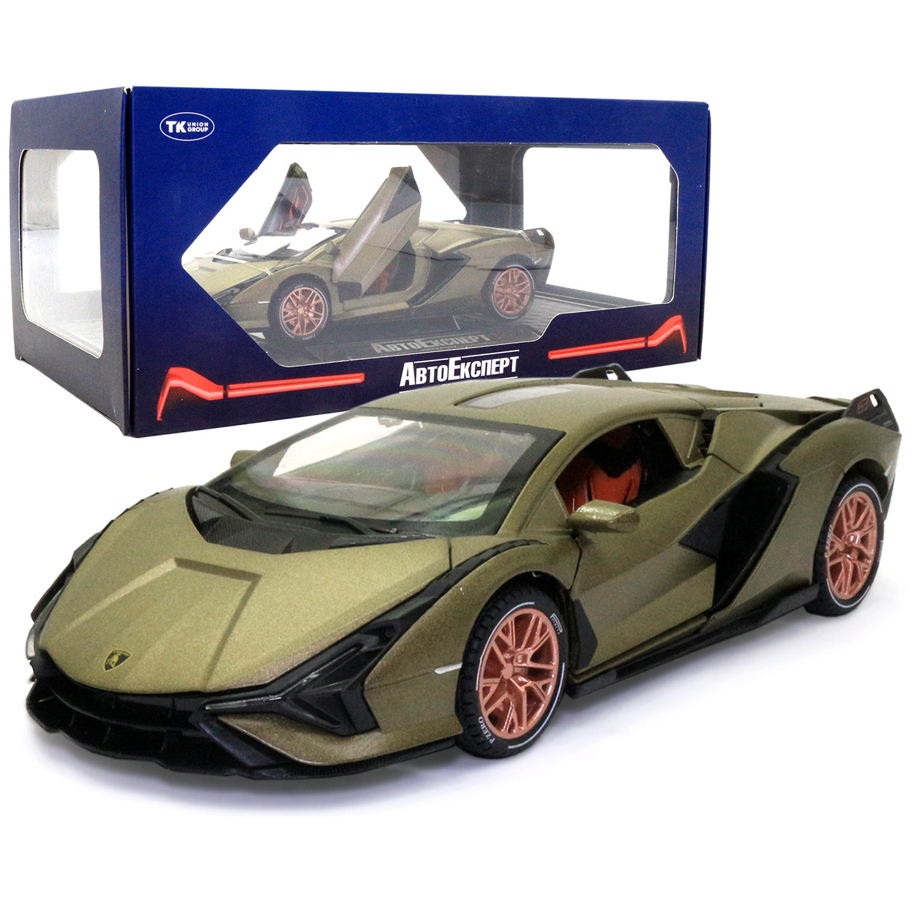 Игрушечная машинка металлическая Lamborghini Sian АвтоЕксперт Ламборджини Сиан свет звук 20*8*5 см хаки, фото №1