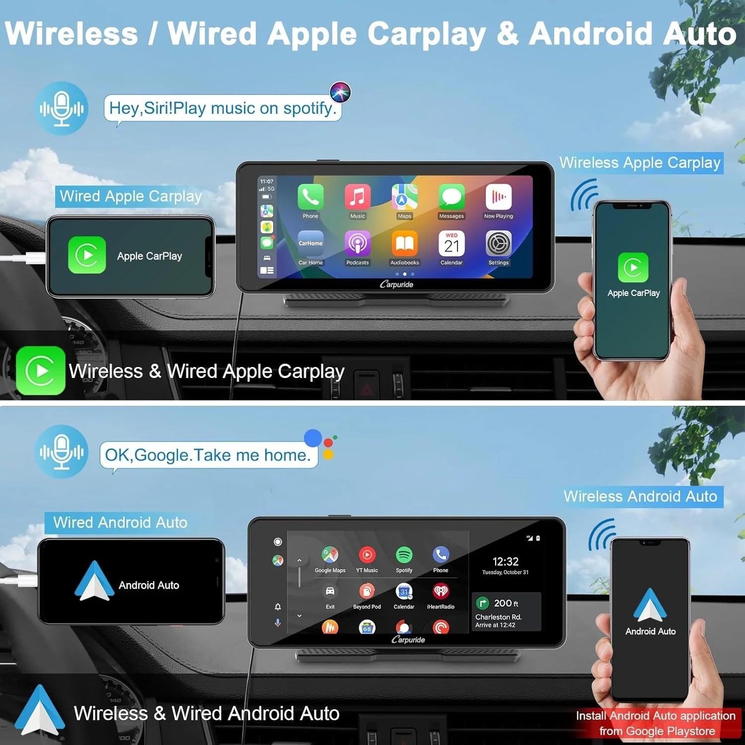 Автомагнітола Carpuride W609 / 6.86" / Сенсорна / Apple CarPlay / Android Auto / Bluetooth / WI-FI / GPS / USB / AUX / TF slot, фото №2