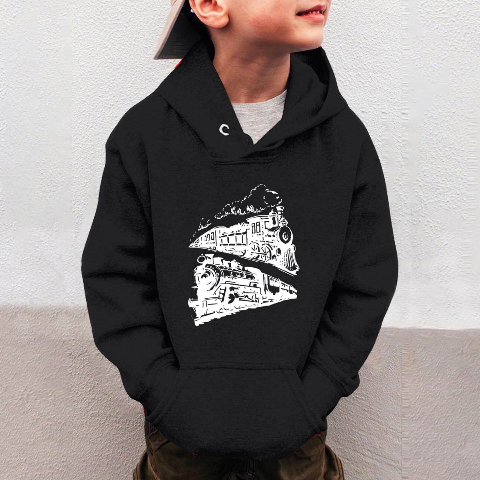 Детская Толстовка для Мальчиков Пуловер Мультяшный Поезд Принт Толстовка с Капюшоном и Карманом Уличный Стиль Модная Толстовка Повседневные Топы Осенне-зимний Пуловер для Детей Домашний Уютный Джемпер, фото №3