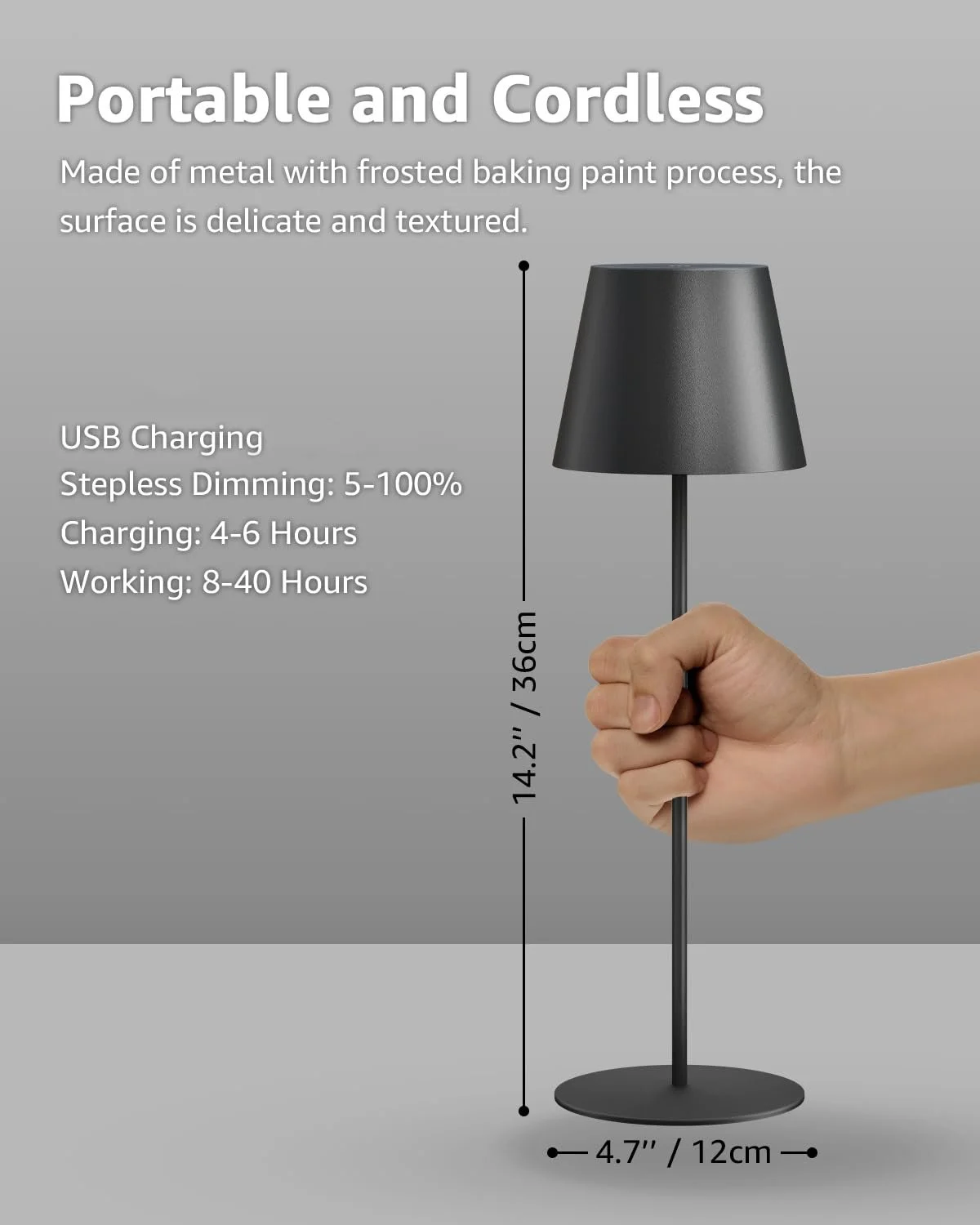 Настільна лампа FUYO LED акумуляторна бездротова USB-C сенсорна димована комплект 2 шт. чорна, фото №4