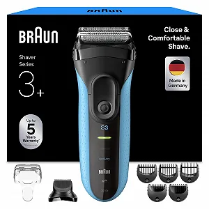 Електробритва Braun Series 3+ 3010BT з 3 гнучкими лезами, тримером для бороди та 5 насадками-гребенями, для вологого та сухого гоління, синя - Фото 1