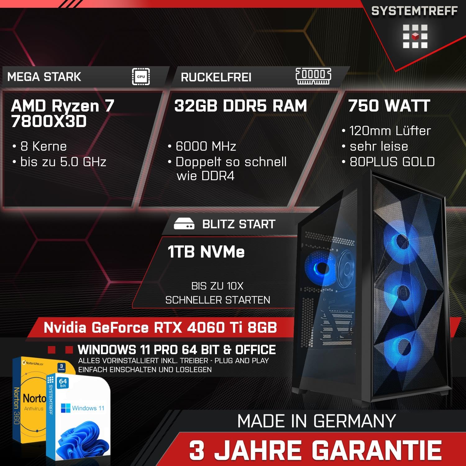Настольный ПК SYSTEMTREFF Gaming AMD Ryzen 7 7800X3D 8x5GHz Nvidia GeForce RTX 4060 Ti 8GB DX12 1TB M.2 NVMe 32GB DDR5 RAM WLAN, фото №2