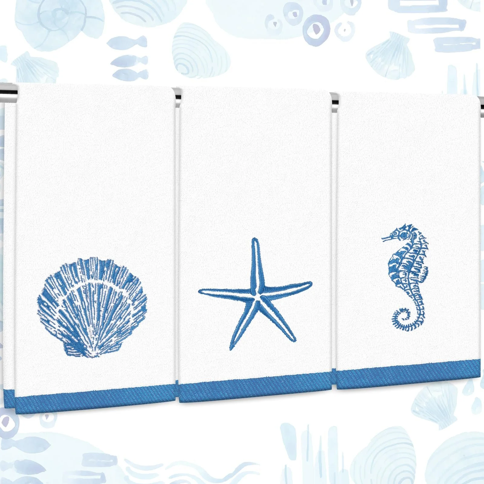 Набір рушників для ванної 3 штуки Ocean Sea бавовна з вишивкою Shell Starfish Seahorse 75 x 34 см синій та білий, фото №1