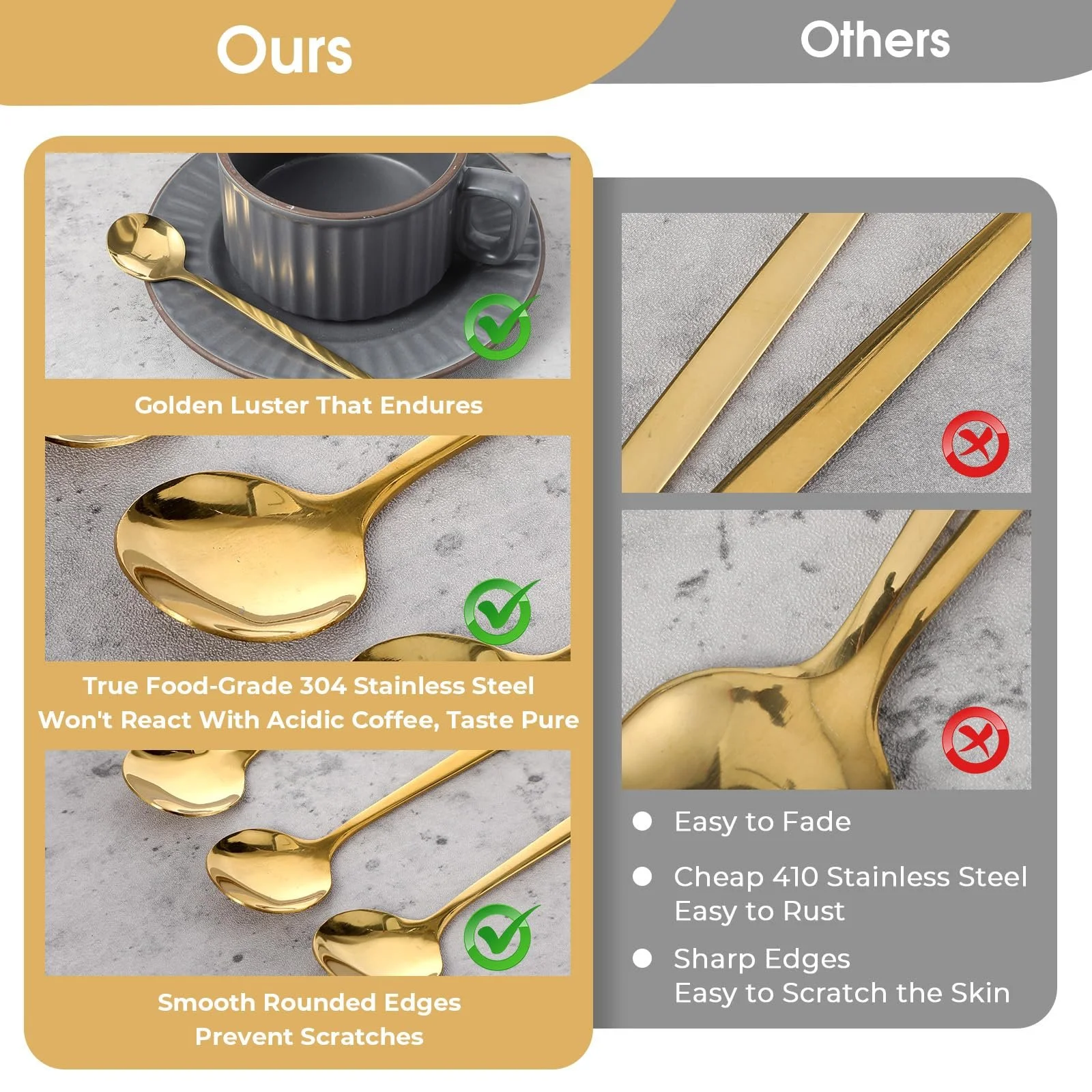 Ложка Десертна Маленька з нержавіючої сталі золота 13.3 cm, набір 8 шт, фото №3