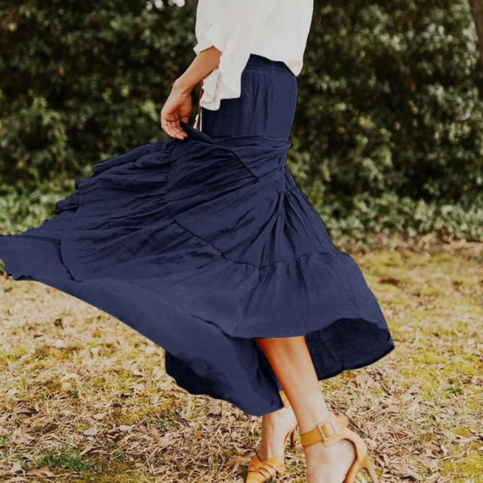 Женская юбка Длинная эластичная юбка с высокой талией Богемная Макси юбка Однотонная повседневная летняя юбка Плиссированная юбка Длинная повседневная юбка Элегантная пляжная юбка A-силуэта Летние юбки для женщин со шнурком, фото №6