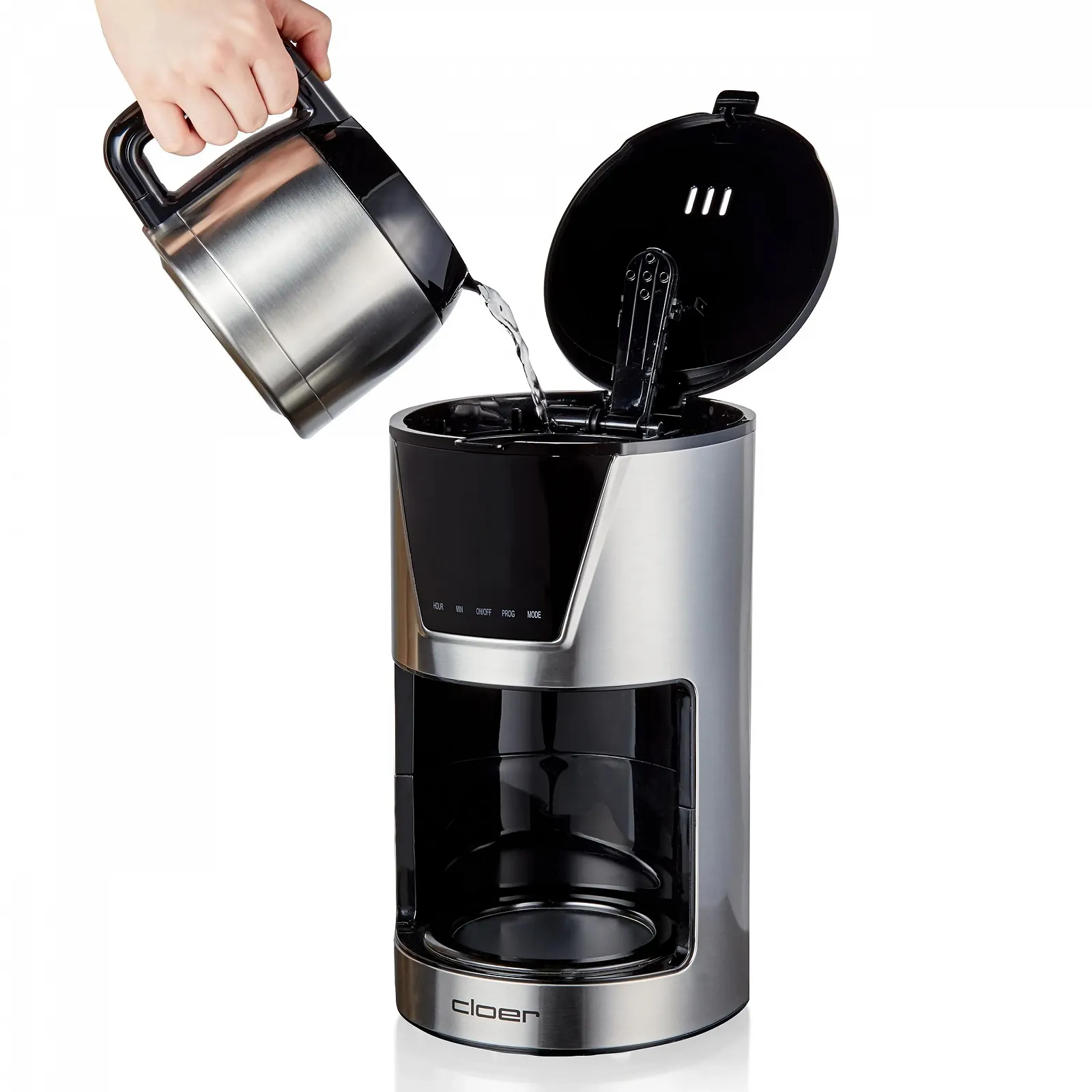 Фильтровая кофеварка Cloer 5258 на 10 чашек, 3 уровня аромата, LCD-сенсорный дисплей, Таймер, Капля-стоп и Автоотключение, Изолированный кувшин, Нержавеющая сталь, 800 Вт, Черная, фото №5