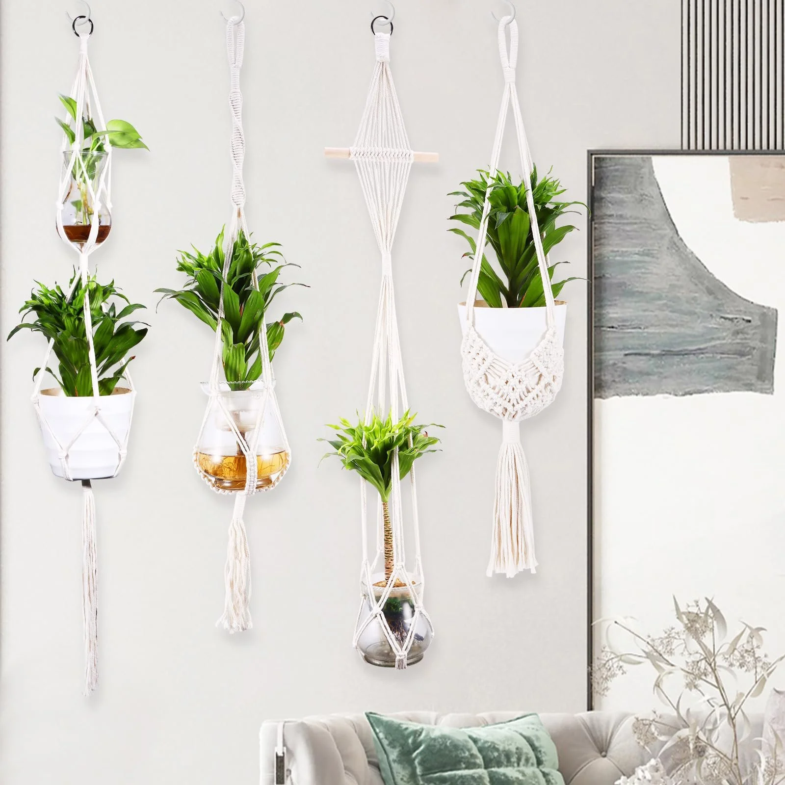 Набор подвесных корзин 4 шт. плетеных из хлопковой веревки в стиле бохо с крючками, фото №4