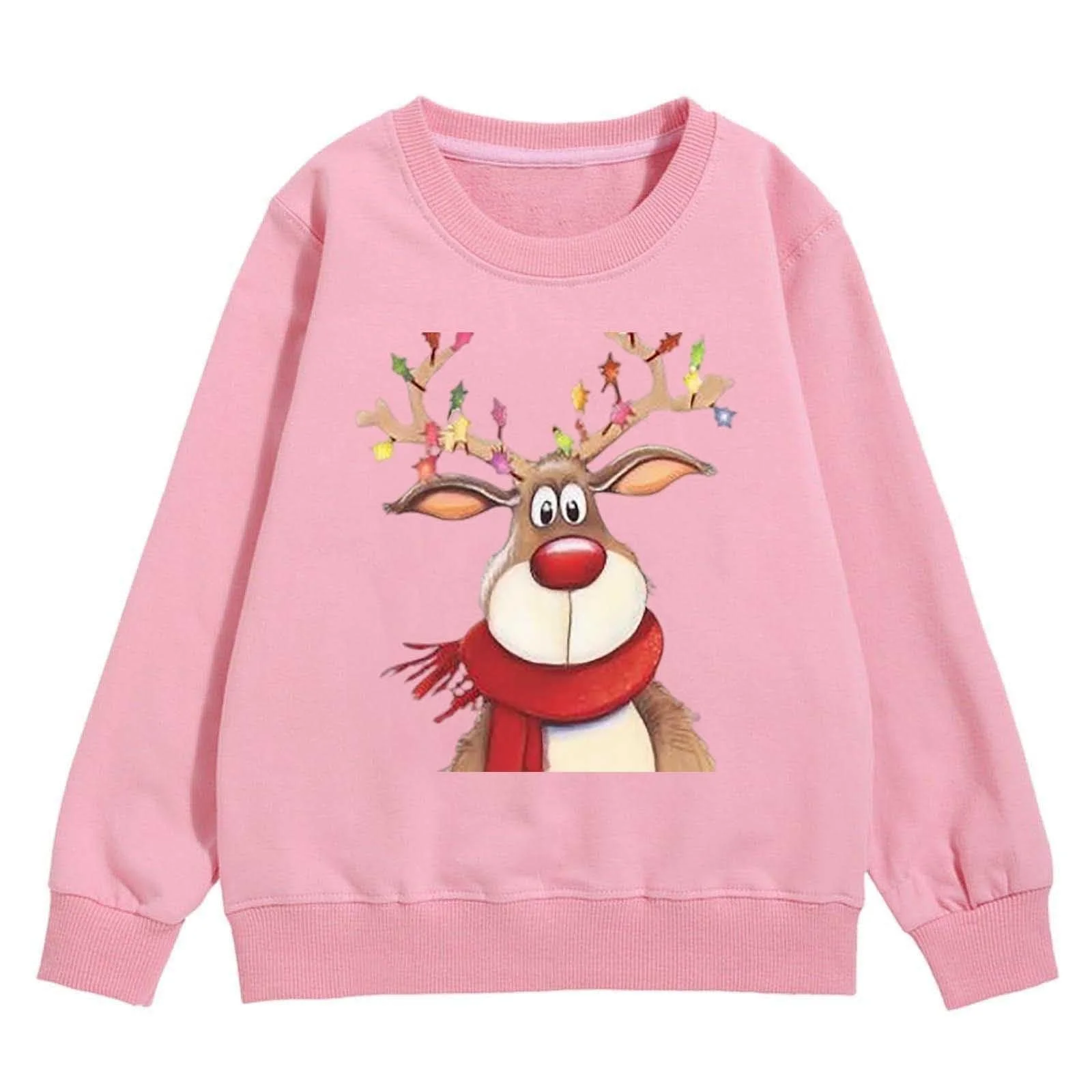 Джемпер Детский рождественский с LED светодиодами с графическим принтом для девочек, круглый вырез горловины, длинные рукава, милый пуловер с заниженной линией плеч, фото №2