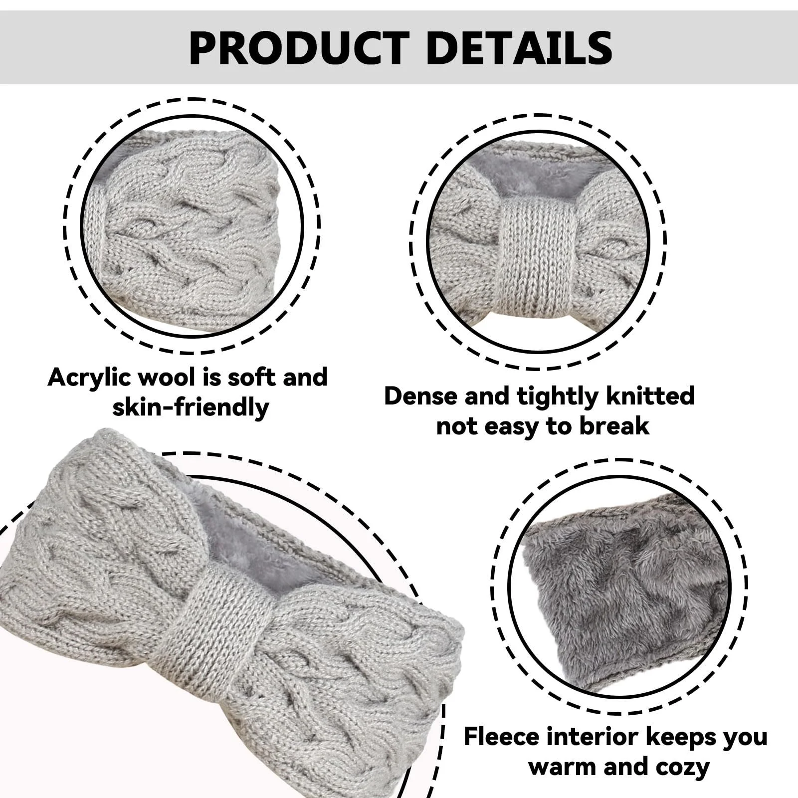 В'язана тканинна еластична пов'язка на голову, чорний і сірий, фото №3