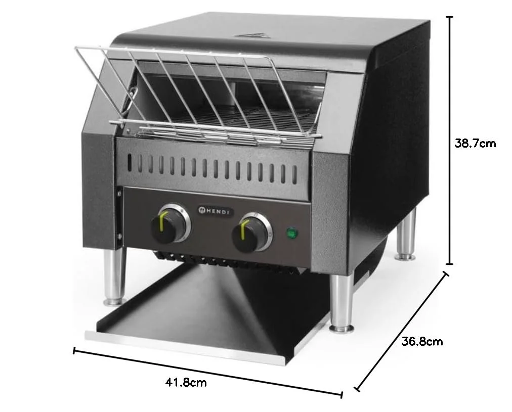 Тостер конвеєрного типу HENDI Подвійний Регульований час підсмажування до 3 хвилин Нержавіюча сталь, Чорний, фото №2 Тостер конвеєрного типу HENDI Подвійний Регульований час підсмажування до 3 хвилин Нержавіюча сталь, Чорний, фото №2