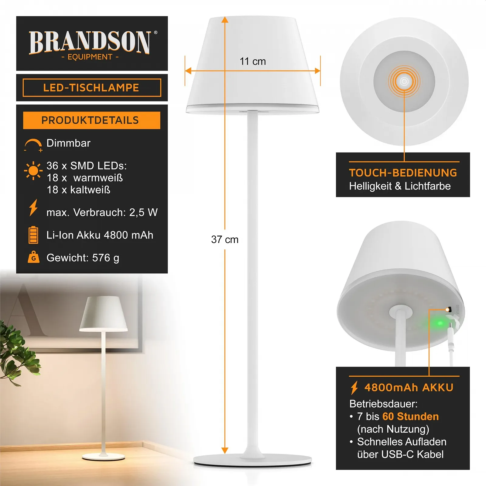 Настольная лампа CSL LED аккумуляторная беспроводная сенсорная металлическая регулируемая яркость теплый/нейтральный/холодный белый IP54, фото №2