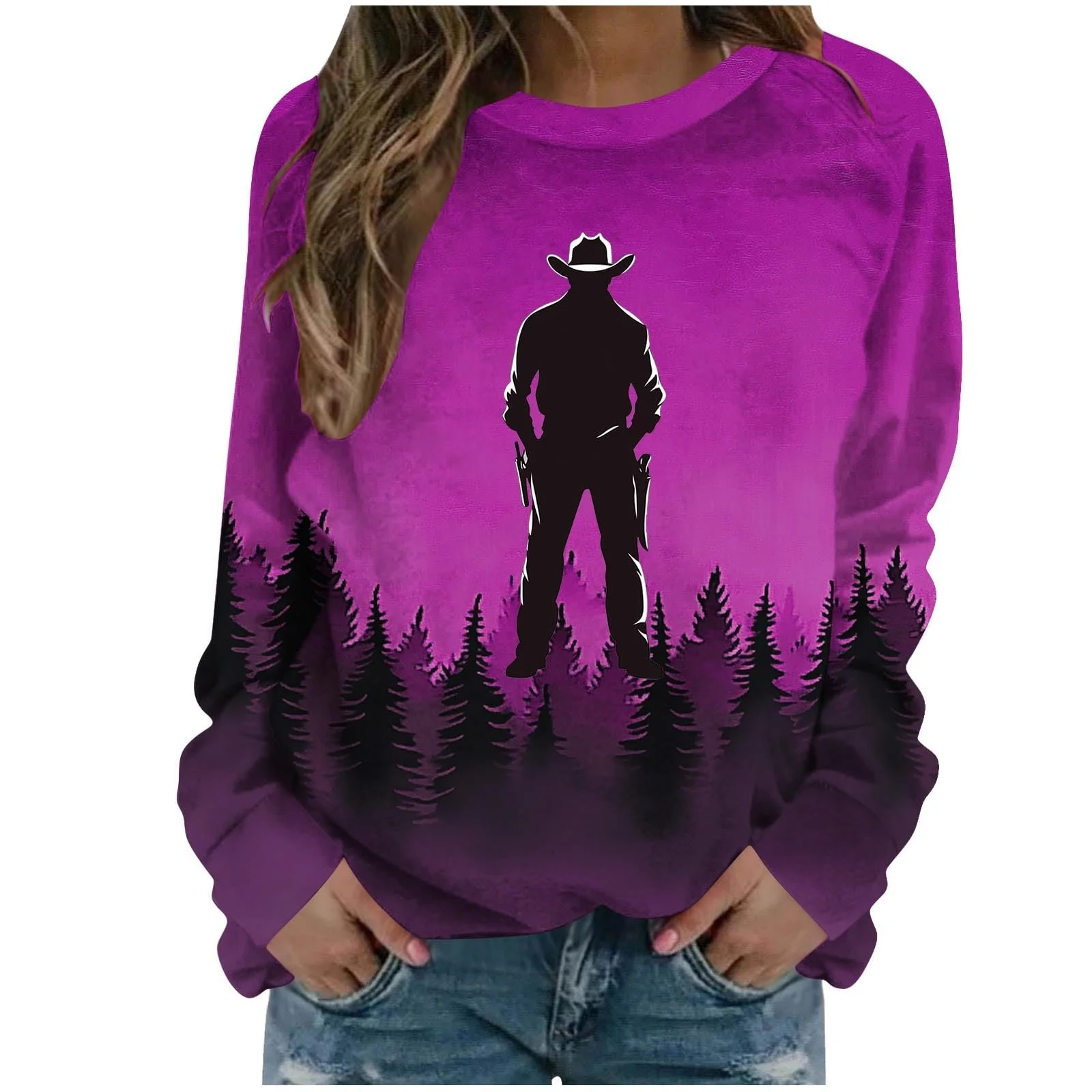 Женские свитшоты Lemoiitea Стильный западный ковбойский принт, длинный рукав, повседневный свободный крой, круглый вырез горловины, пуловеры, блузки, топы, весенние осенние свитшоты для отдыха, фото №1